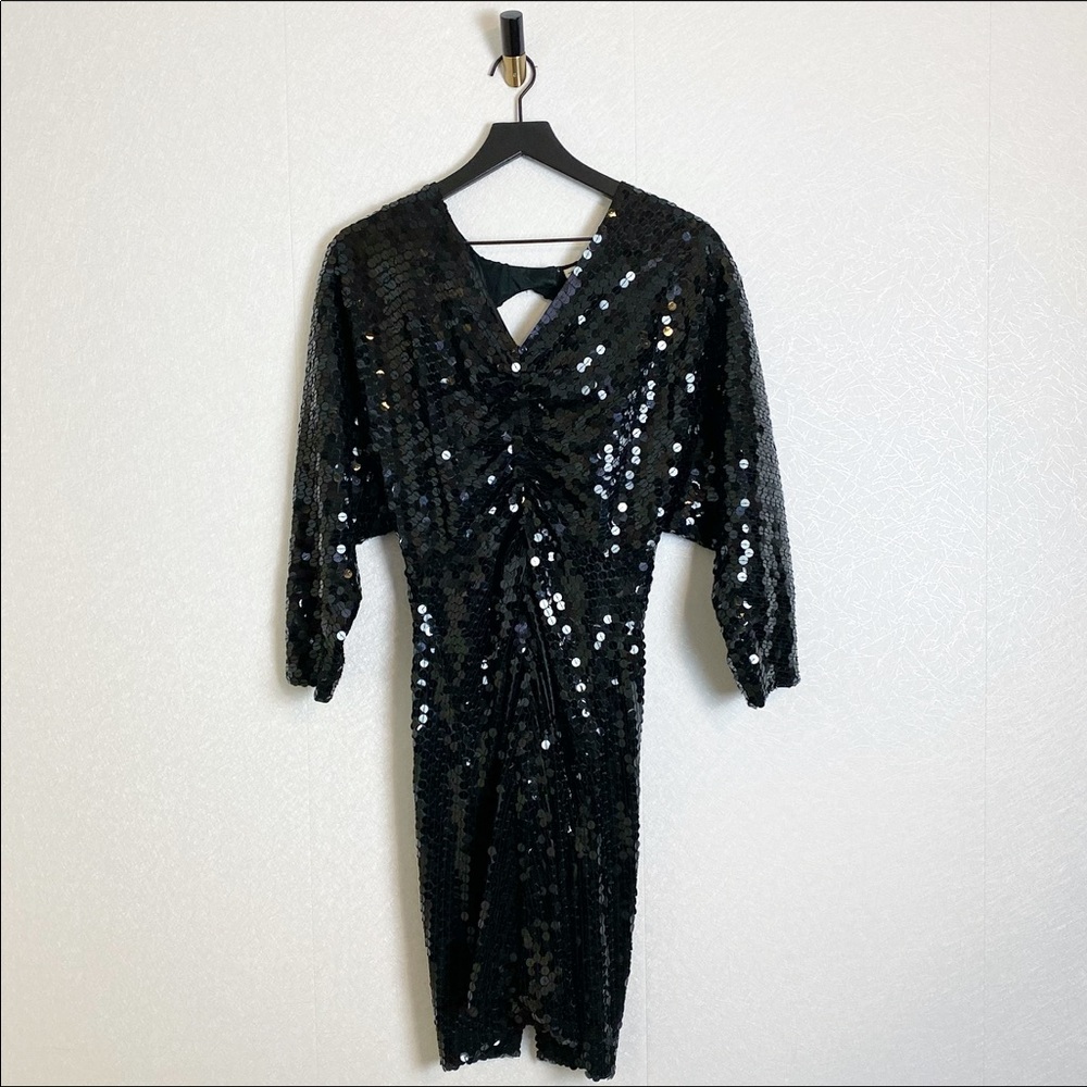 Vintage Oleg Cassini Black Sequin Long Sleeve Cocktail Dress Ruched Front